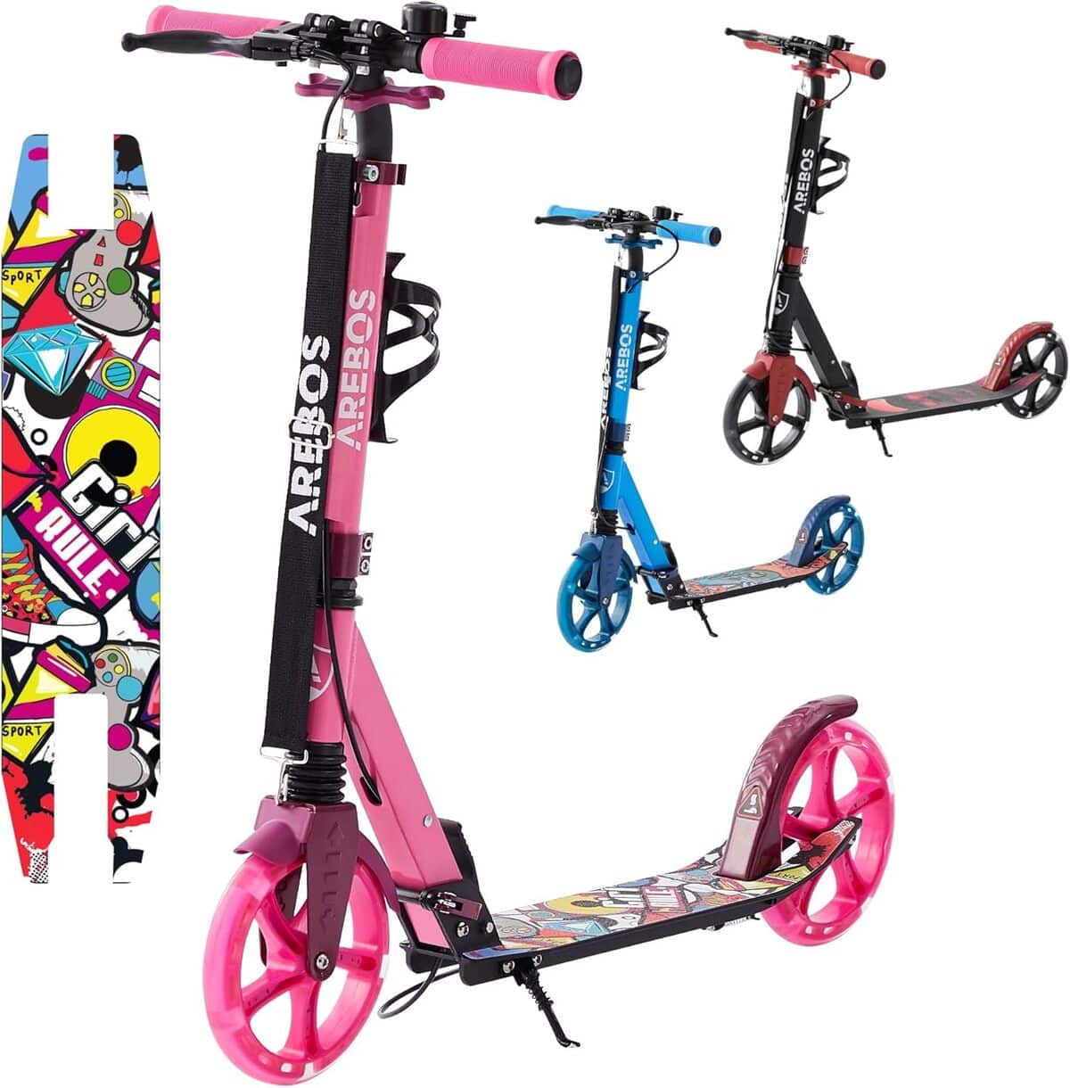 Trottinette AREBOS Rouge Avec Roues LED, Suspension Avant, Porte-bouteille – Pliable (ado/adulte)