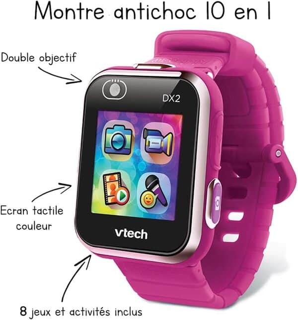 VTech - KidiZoom SmartWatch DX2 Rose Framboise, Montre Digitale Enfant, Photo, Selfie, Vidéo, Écran Tactile Vertical, Jouet High-Tech, Cadeau Enfant et Ado de 5 Ans à 13 Ans - Contenu en Français