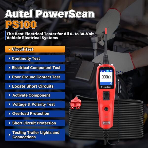 Autel PowerScan PS100 Kit Sonde Circuit, Outil Diagnostic du Système Électrique, Disjoncteur Intégré, Résistance au Courant AC/DC Facile à Lire, Test Continuité/Sonde/Signal [Que Anglais]