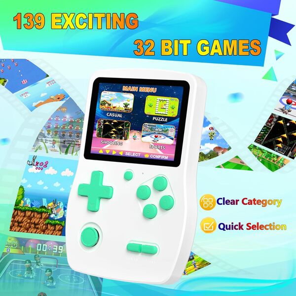 Console de jeu portable 32 bits pour enfants 139 jeux vidéo préchargés, système de jeu vidéo portable avec écran IPS de 3