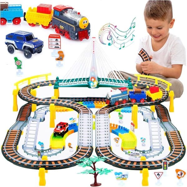 Circuit Train électrique + Voiture 2-en-1 Pour Enfants - 700 Cm De Rails, Sons Et Lumières