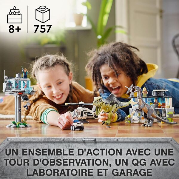 LEGO 76949 Jurassic World L’Attaque du Giganotosaurus et du Therizinosaurus, Jouet de Construction avec Dinosaure, Hélicoptère et Buggy, Inclut 6 Minifigurines, Cadeau pour Enfants Dès 9 Ans