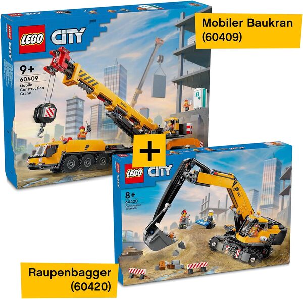 Lego City City 60409 Ensemble de grue et pelleteuse, grue de construction mobile (60409) et pelleteuse à chenilles (60420), kit combiné de véhicules à partir de 9 ans