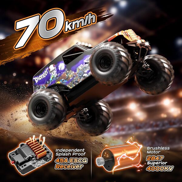 Voiture Télécommandée Adulte Brushless 1:14, 4x4 Tout Terrain 70 km/h avec Amortisseurs à Huile, Voiture RC Haute Vitesse avec 2 Batteries 3S LiPo 1200 mAh et Émetteur 2.4GHz