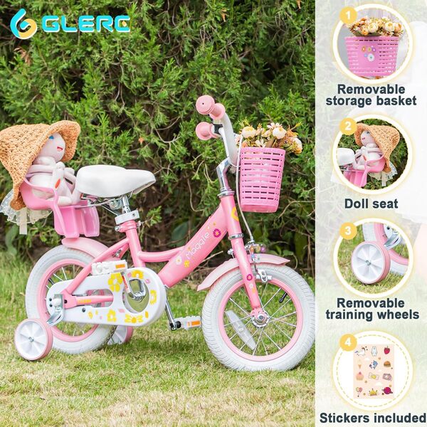Glerc Maggie 12 14 16 20 Pouces vélo pour Enfants pour Les Filles de 2 à 13 Ans, vélo de Style Princesse pour Tout - Petits avec siège de poupée, Panier, stabilisateur et Support, Plusieurs Couleurs
