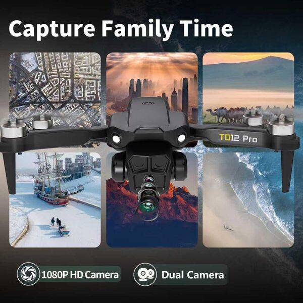 TD12PRO Drone avec Caméra 1080P, Drones pour Adultes, Réglage Motorisé à 90°, Résistance au Vent de Niveau 3, Contrôle via Application, Quadricoptère Pliable pour Débutants