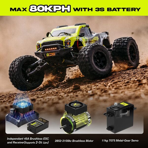 AMORIL 1/10 RTR Voiture RC Rapide sans balais pour Adulte, Vitesse de Pointe de 50 MPH, Monster Truck électrique Tout-Terrain, Voiture RC étanche à Grande Vitesse 4WD avec 3S Lipo, Vert
