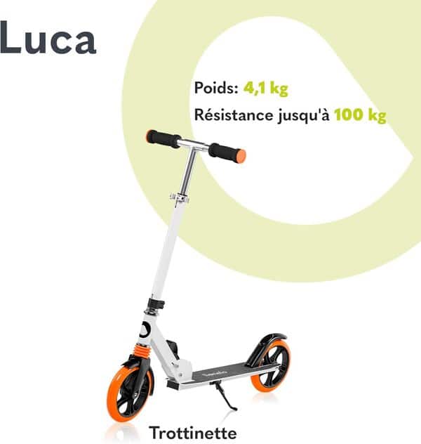 LIONELO LUCA trotinette Enfant et Adultes jusqu'à 100 kg, Construction Durable, Pliage, Rapide, Guidon Ajustable, Roues à 20 cm, Amortisseur ShockResist Frein (Blanc)