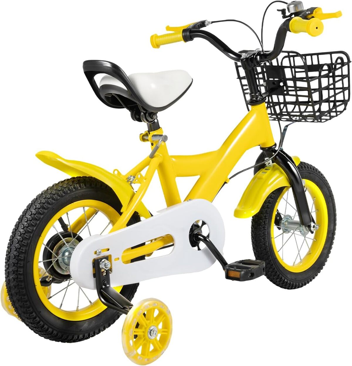 Test du vélo unisexe 12 pouces avec stabilisateurs et frein rétropédalage jaune